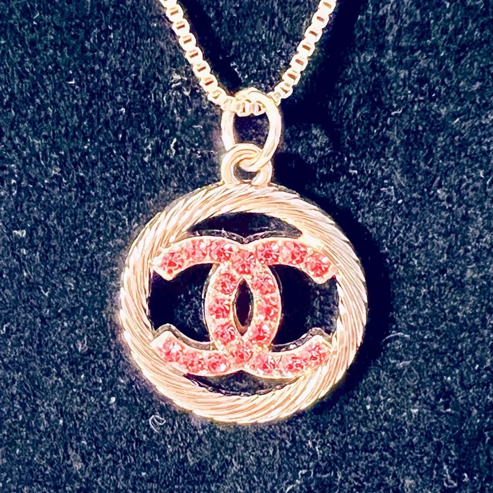 Gold and Pink Crystal CHANEL CC Charm and Necklace - Picture 2 of 4